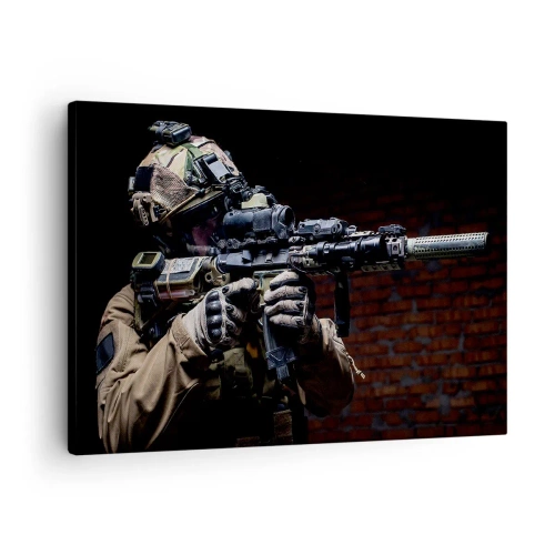 Obraz na plátně - Voják v plné výstroji s puškou - 70x50cm - Vražedně účinný - Moderní nástěnná dekorace do obývacího pokoje a ložnice ARTTOR