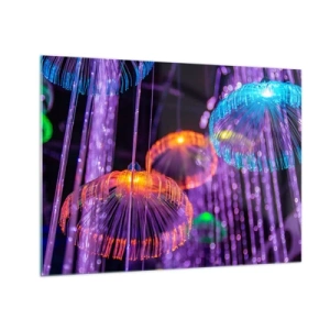 Obraz na skle - Barevné světelné struktury připomínající medúzy - 70x50cm - Světelná fontána - Moderní nástěnná dekorace do obývacího pokoje a ložnice ARTTOR