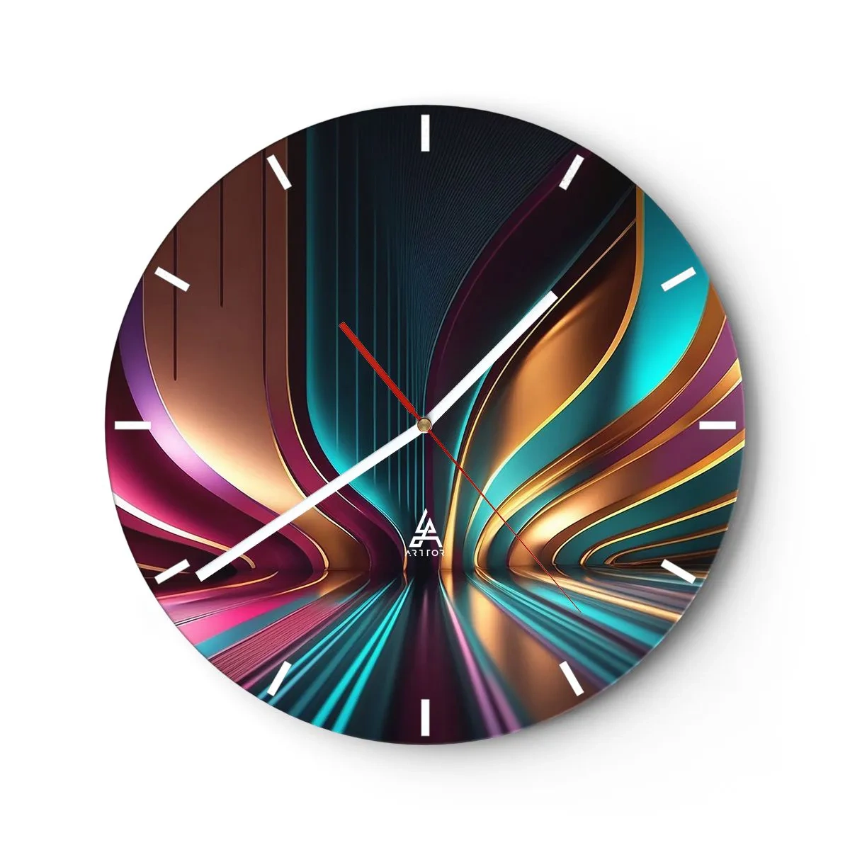 Nástěnné hodiny - Futuristické světelné čáry ve zlaté, tyrkysové a fialové barvě - 30x30cm - Architektura světla - Moderní nástěnná dekorace do obývacího pokoje, kuchyně a ložnice ARTTOR