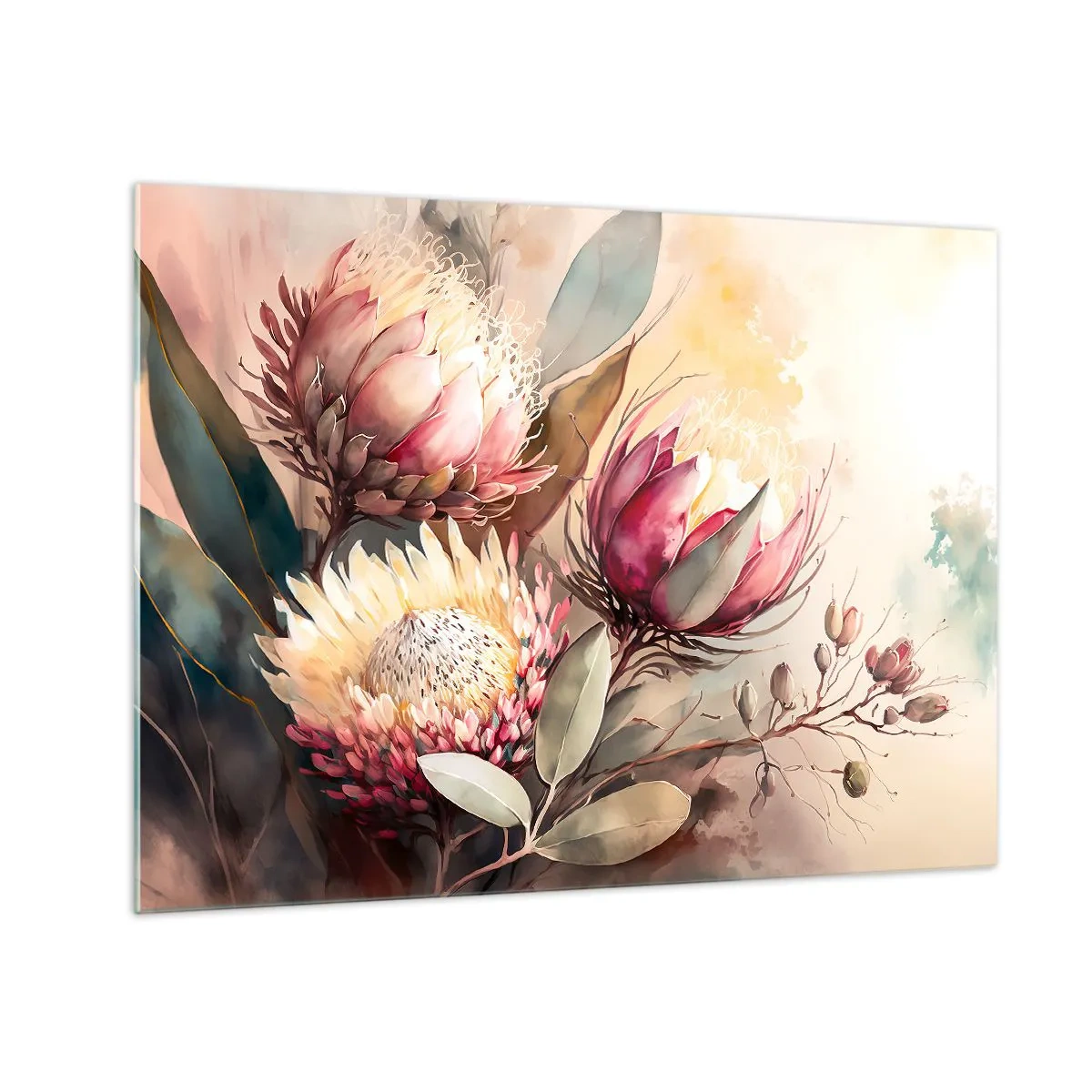 Obraz na skle - Květy protey v pastelových barvách na uměleckém pozadí - 70x50cm - Z profilu a en face - Moderní nástěnná dekorace do obývacího pokoje a ložnice ARTTOR