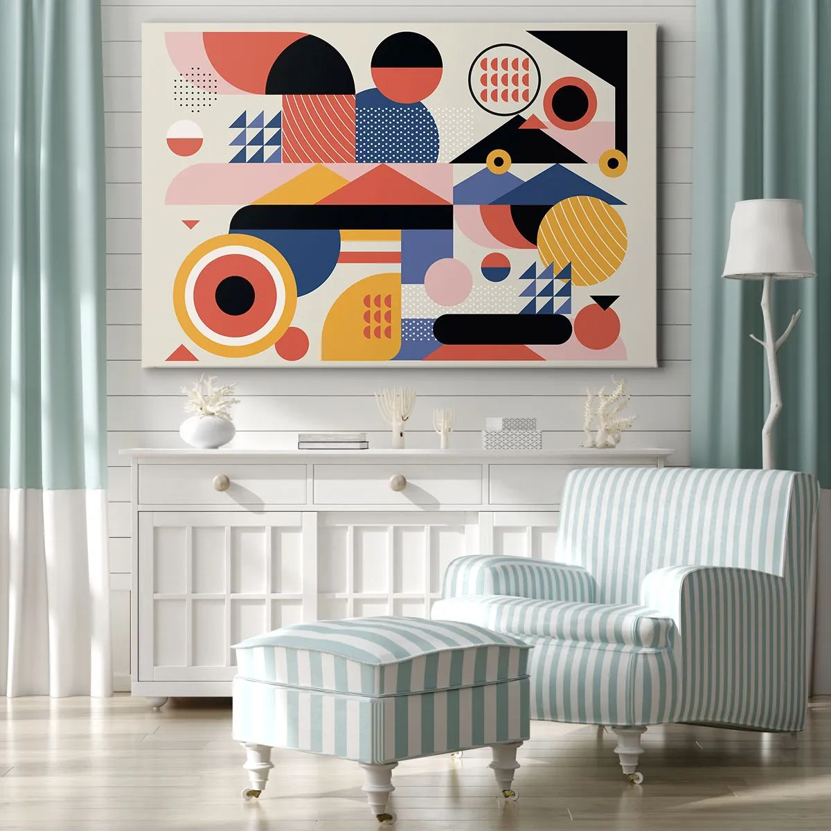 Obraz na plátně - Barevné geometrické tvary v retro stylu - 70x50cm - Kompozice: pojďme si hrát - Moderní nástěnná dekorace do obývacího pokoje a ložnice ARTTOR