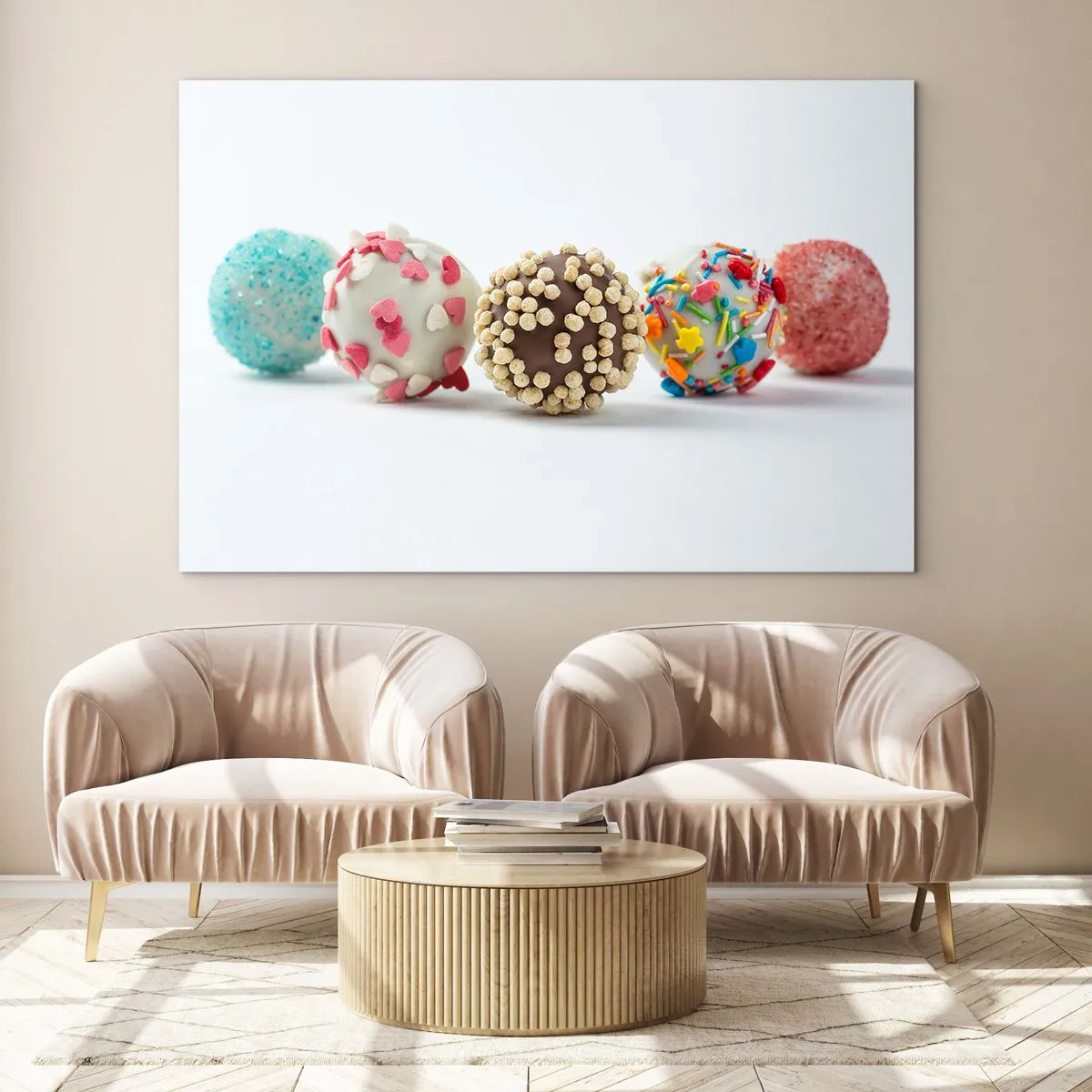 Obraz na skle - Barevné dezertní lanýže s ozdobným posypem - 70x50cm - Život může být sladký - Moderní nástěnná dekorace do obývacího pokoje a ložnice ARTTOR