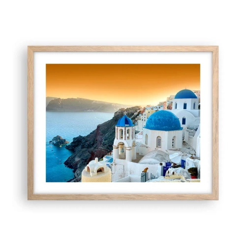 Plakát v rámu světlý dub - Santorini - přitulené ke skalám - 50x40 cm