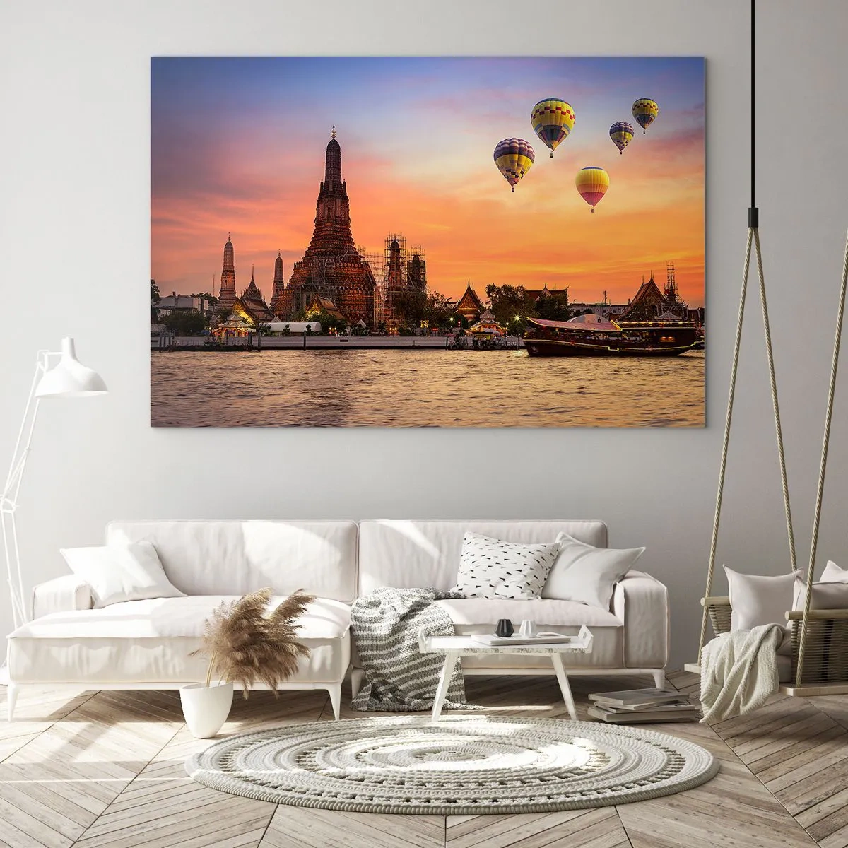 Obraz na skle - Chrám u řeky při západu slunce s balónky - 70x50cm - Zde se rodí básně - Moderní nástěnná dekorace do obývacího pokoje a ložnice ARTTOR