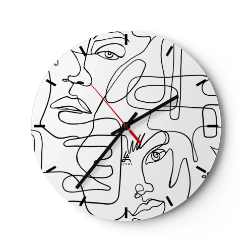 Nástěnné hodiny - Minimalistické kresby obličejů v liniových kresbách na bílém pozadí - 30x30cm - Ve spletených emocích - Moderní nástěnná dekorace do obývacího pokoje, kuchyně a ložnice ARTTOR