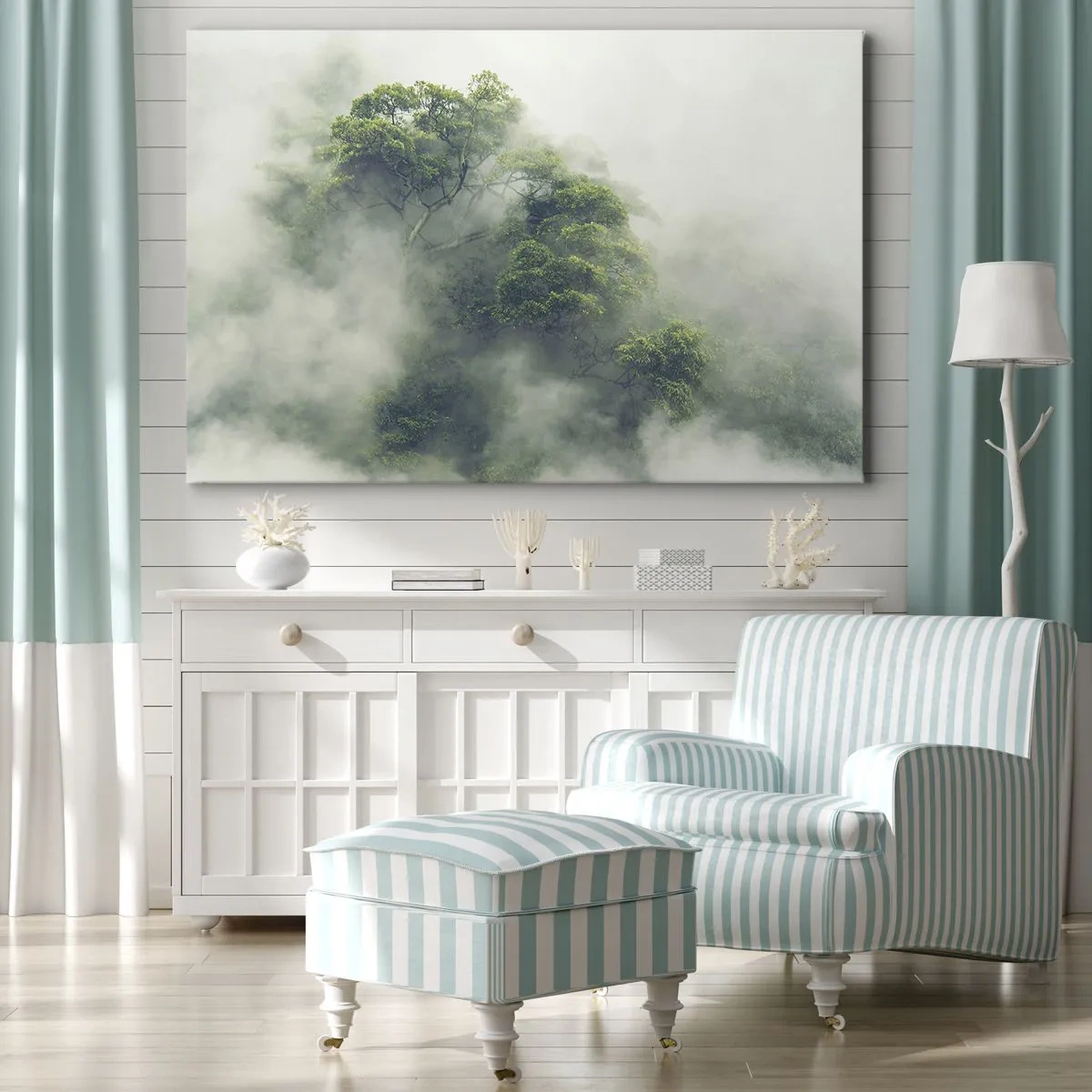 Obraz na plátně - Zelené stromy v husté mlze na přírodním pozadí - 70x50cm - Zahalené mlhou - Moderní nástěnná dekorace do obývacího pokoje a ložnice ARTTOR