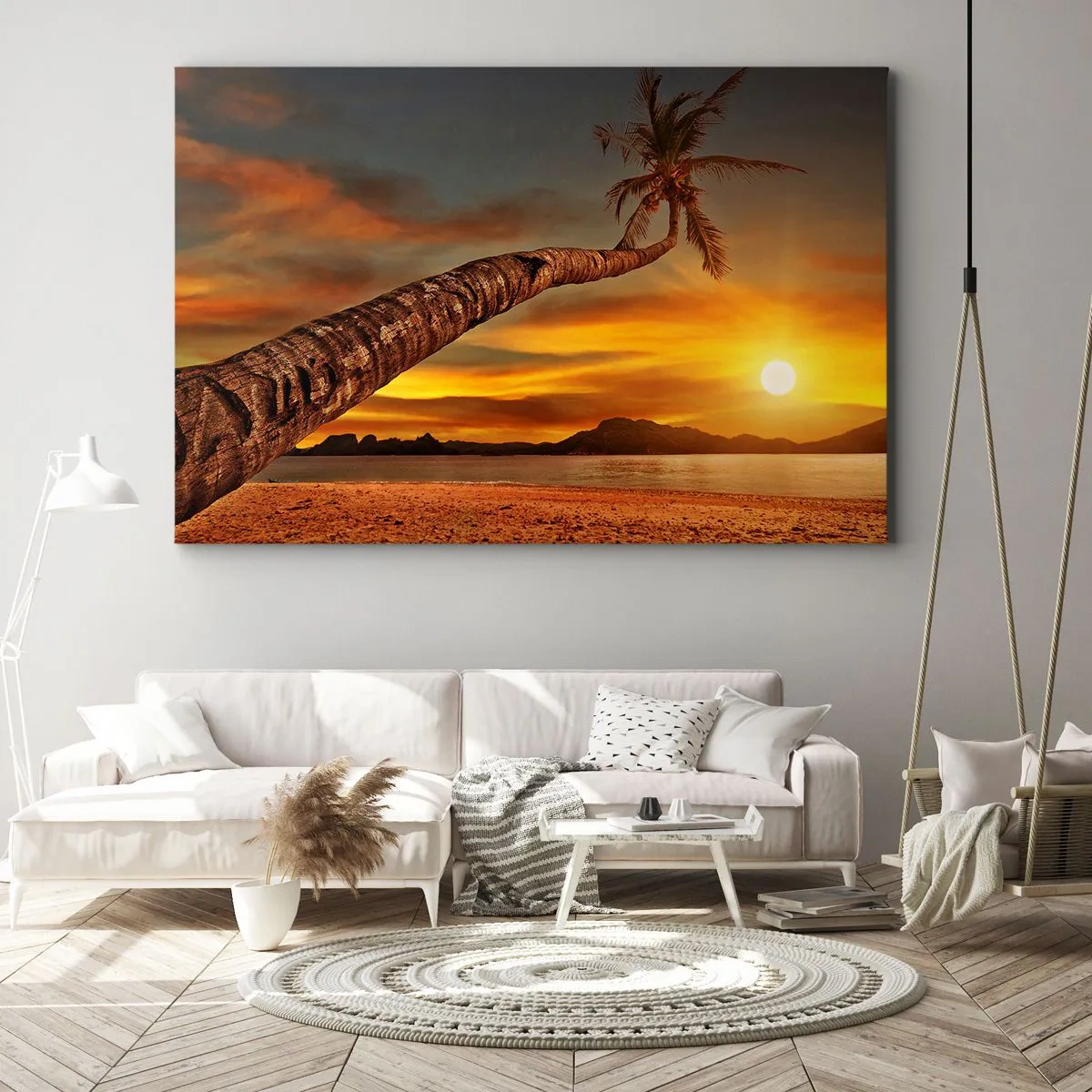 Obraz na plátně - Palma na pláži při západu slunce s výhledem na moře - 70x50cm - Exotické prázdniny, karibské dobrodružství - Moderní nástěnná dekorace do obývacího pokoje a ložnice ARTTOR