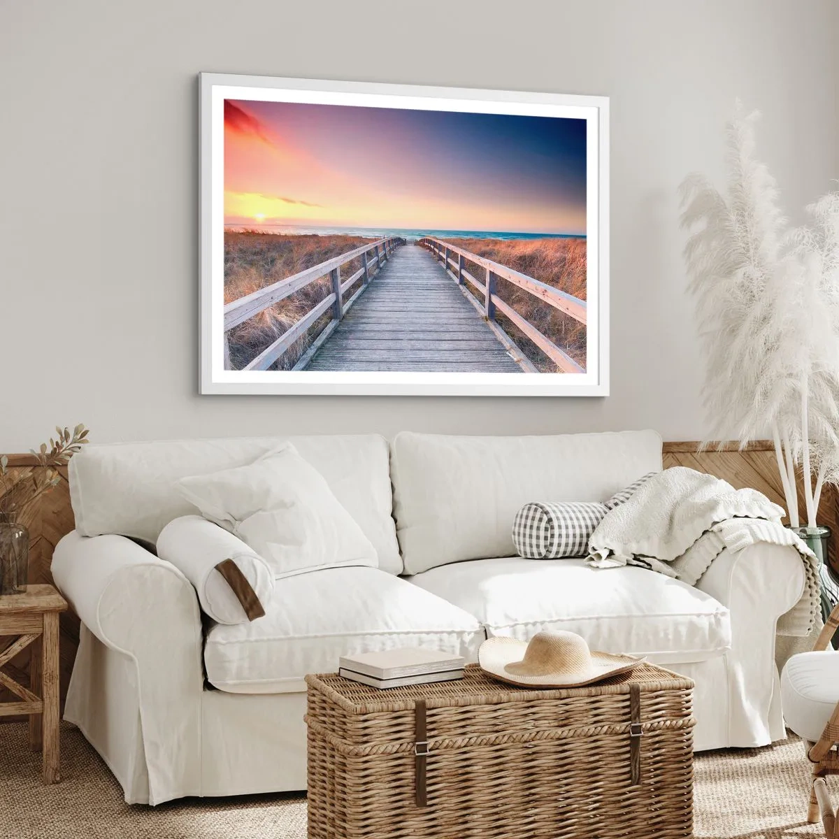 Plakát v bílém rámu - Baltská večerní polární záře - 91x61 cm