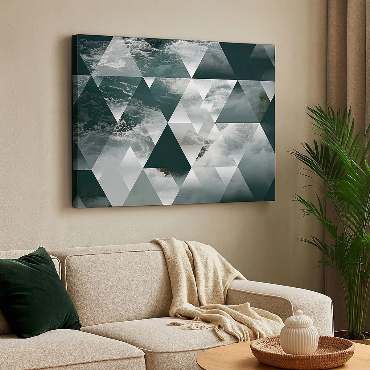 Obraz na plátně - Geometrický vzor s motivem vln v odstínech zelené - 70x50cm - Křišťálová perspektiva - Moderní nástěnná dekorace do obývacího pokoje a ložnice ARTTOR