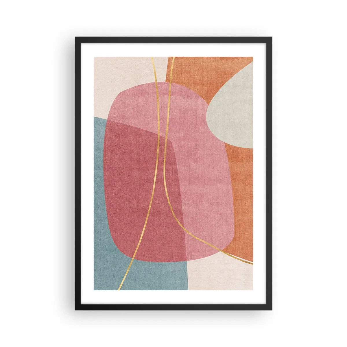 Plakát v černém rámu - Barevná abstrakce s geometrickými tvary a zlatými liniemi - 50x70cm - Pastelová kompozice se zlatou nití - Moderní nástěnná dekorace do obývacího pokoje a ložnice ARTTOR