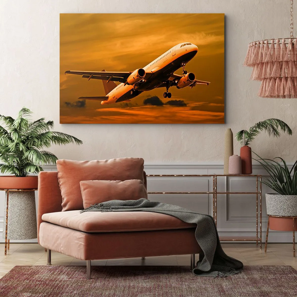 Obraz na plátně - Osobní letadlo vzlétá proti zlatavé obloze při západu slunce. - 70x50cm - Let směrem ke slunci - Moderní nástěnná dekorace do obývacího pokoje a ložnice ARTTOR