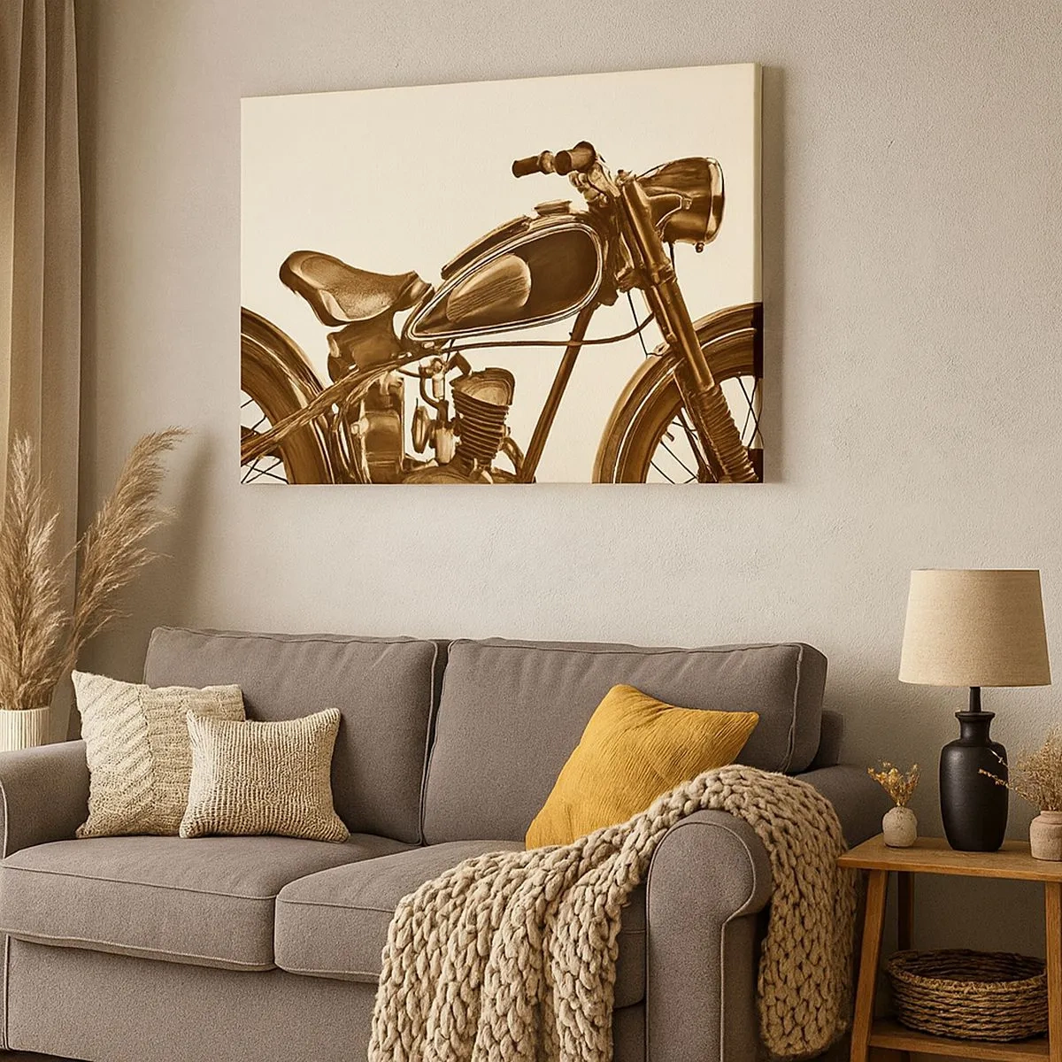 Obraz na plátně - Vintage retro motocykl na světlém pozadí - 70x50cm - Stesk po klasice - Moderní nástěnná dekorace do obývacího pokoje a ložnice ARTTOR
