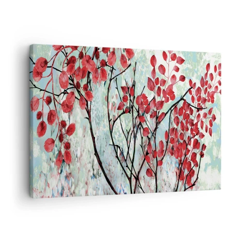 Obraz na plátně - Červené listy proti jasné obloze s abstraktními vzory - 70x50cm - Strom v šarlatové - Moderní nástěnná dekorace do obývacího pokoje a ložnice ARTTOR