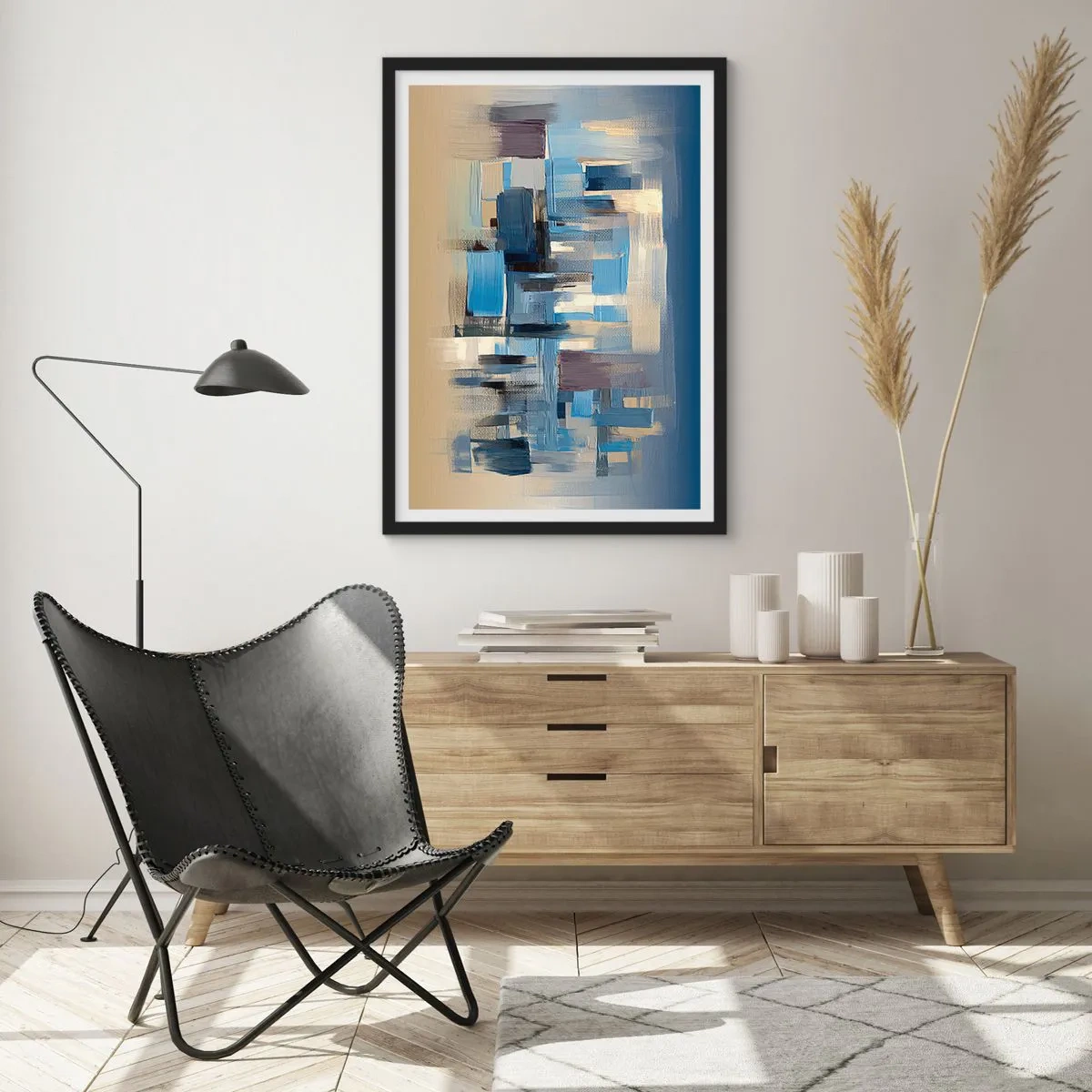 Plakát v černém rámu - Abstraktní geometrická kompozice v odstínech modré - 50x70cm - Modrá konstrukce - Moderní nástěnná dekorace do obývacího pokoje a ložnice ARTTOR