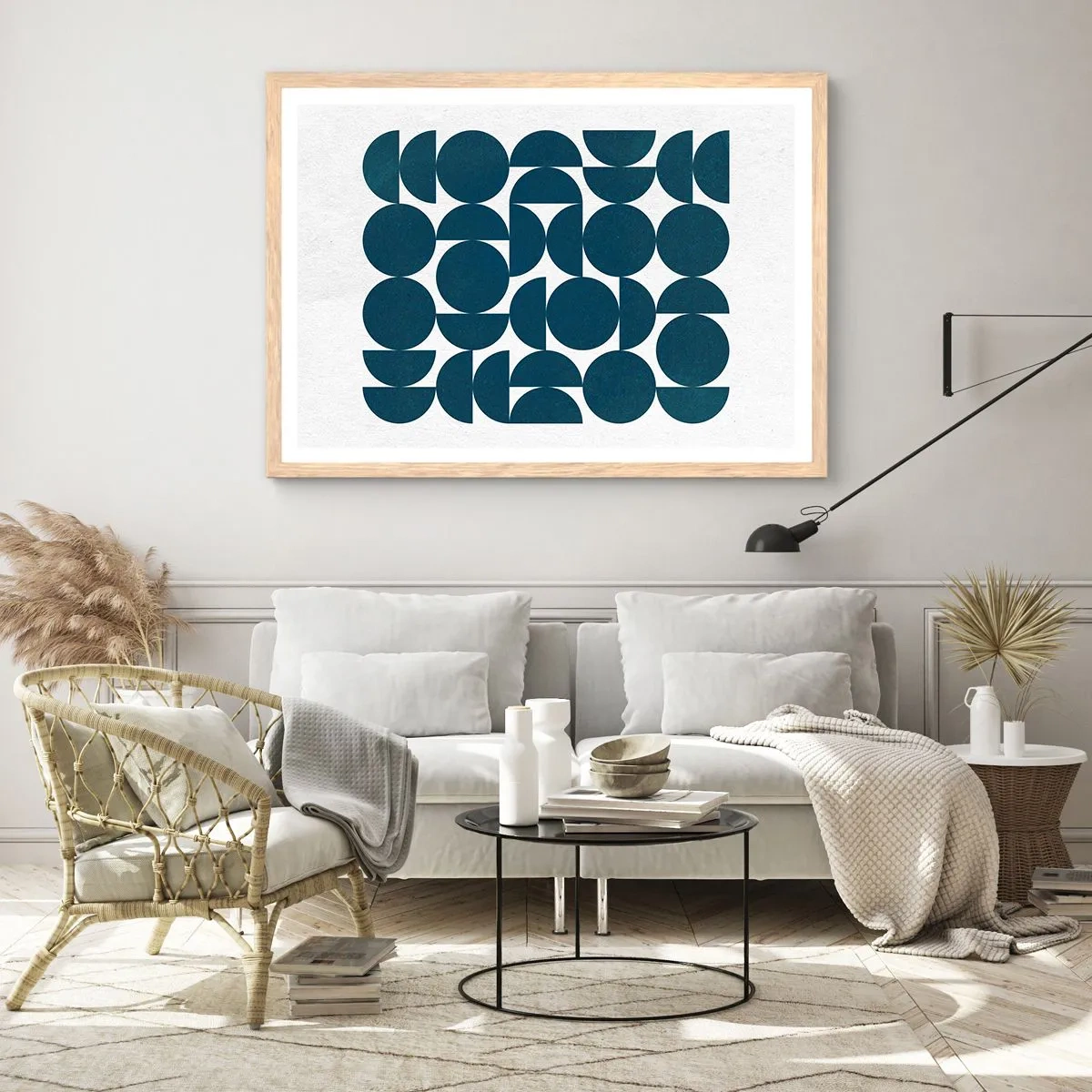 Plakát v rámu světlý dub - Kruhy a půlkruhy - 91x61 cm