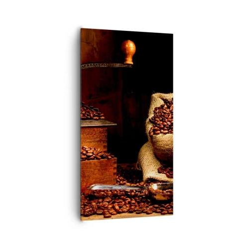 Obraz na plátně - Zátiší se zrnky kávy a mlýnkem - 65x120 cm