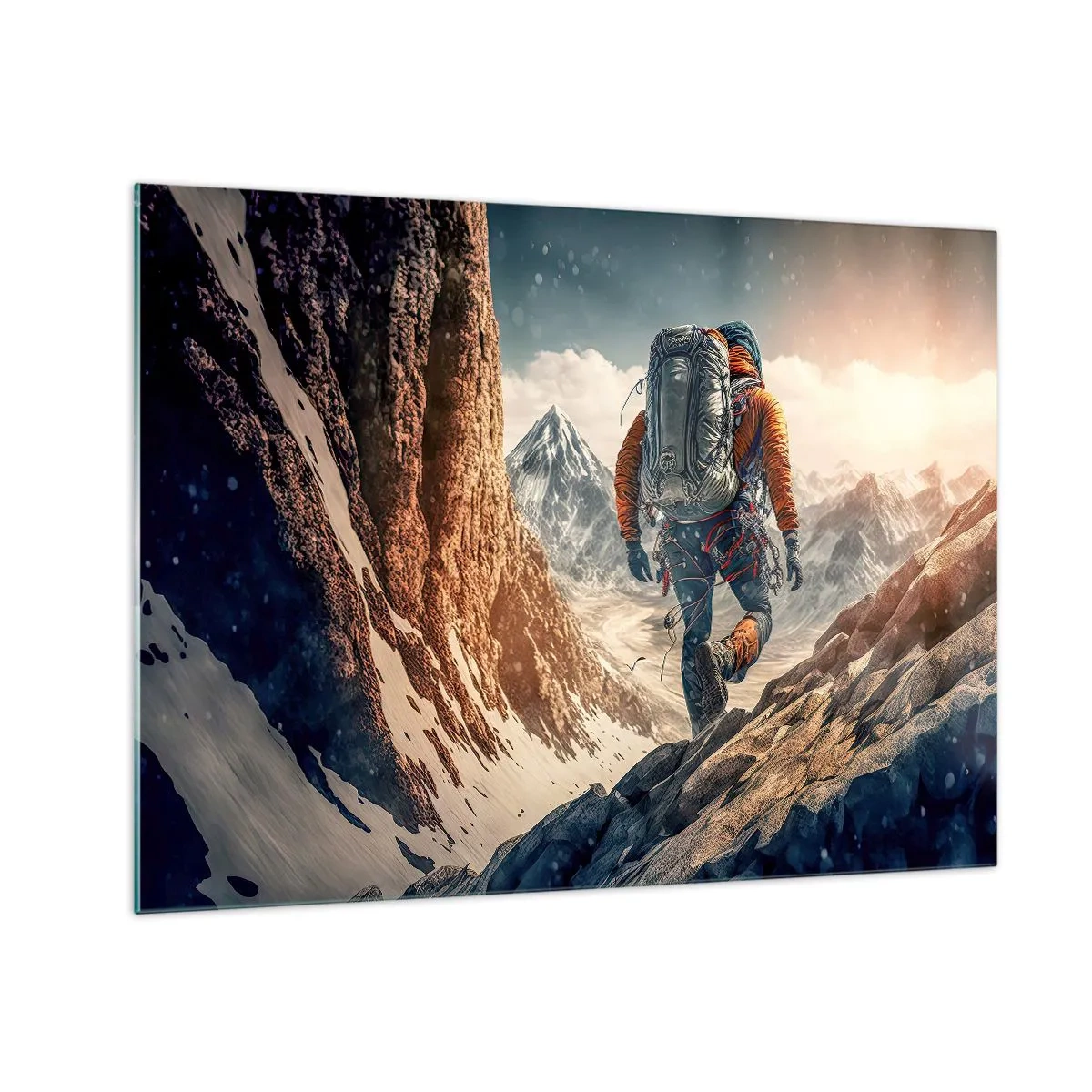 Obraz na skle - Turista stoupá po skalnatém, zasněženém horském svahu - 70x50cm - Osamělý bojovník - Moderní nástěnná dekorace do obývacího pokoje a ložnice ARTTOR