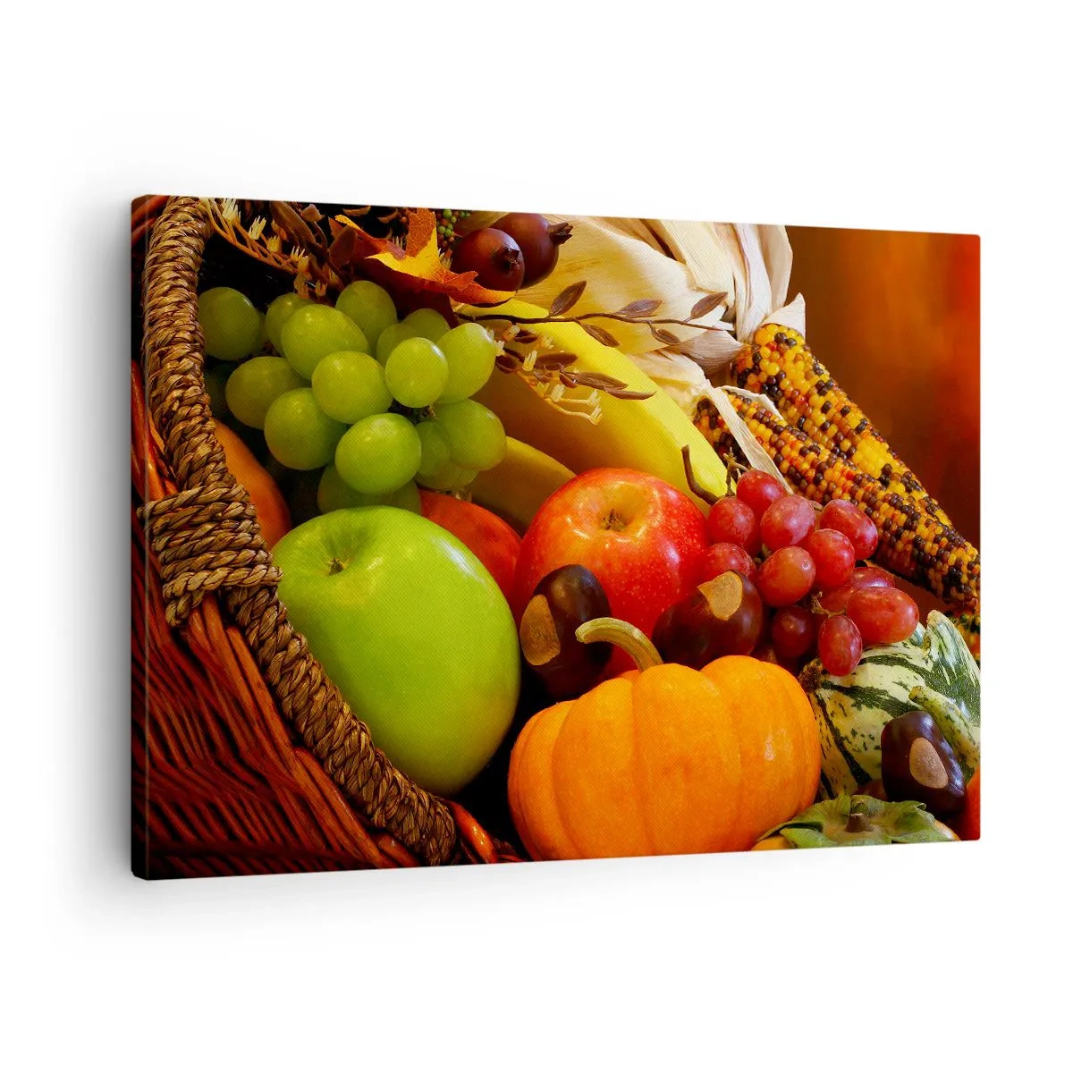 Obraz na plátně - Košík ovoce, dýní a kukuřice na pozadí podzimních barev. - 70x50cm - Košík úrody - Moderní nástěnná dekorace do obývacího pokoje a ložnice ARTTOR