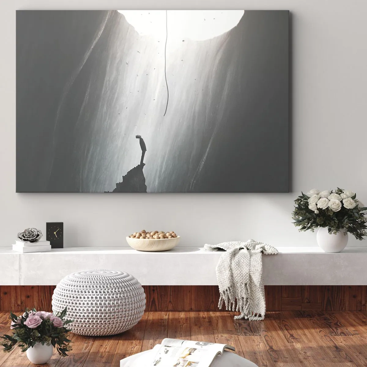 Obraz na plátně - Silueta muže na podlaze jeskyně s výhledem na světlo - 70x50cm - Vždycky máte na výběr - Moderní nástěnná dekorace do obývacího pokoje a ložnice ARTTOR