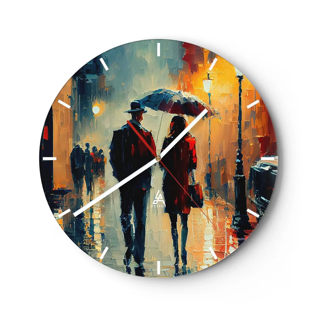 Nástěnné hodiny - Pár pod deštníkem v městském prostředí namalovaný špachtlí - 30x30cm - Městská love story - Moderní nástěnná dekorace do obývacího pokoje, kuchyně a ložnice ARTTOR