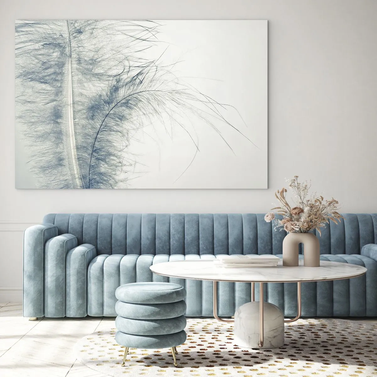 Obraz na skle - Jemné pírko na světlém pozadí v minimalistickém stylu - 70x50cm - Šepot přírody - Moderní nástěnná dekorace do obývacího pokoje a ložnice ARTTOR