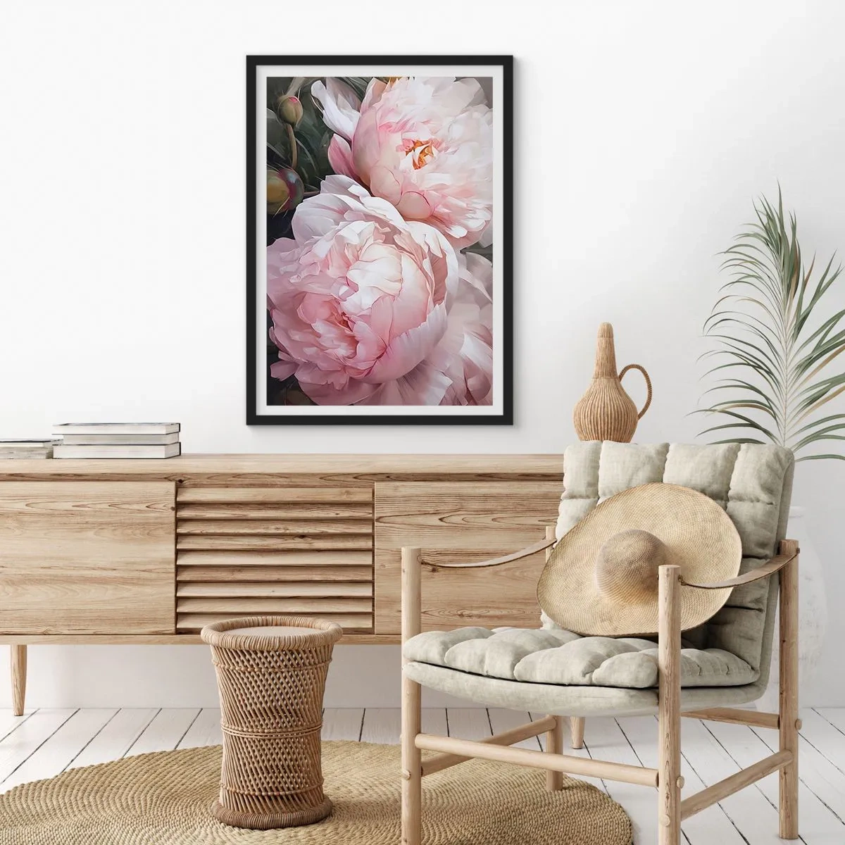 Plakát v černém rámu - Jemné pivoňky v pastelových odstínech růžové a bílé - 50x70cm - Uchytnuté v rozkvětu - Moderní nástěnná dekorace do obývacího pokoje a ložnice ARTTOR