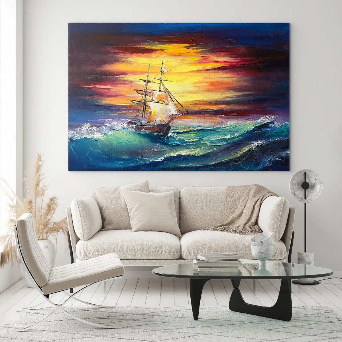 Obraz na skle - Loď na rozbouřeném moři při západu slunce - 70x50cm - Statečně proti vlnám - Moderní nástěnná dekorace do obývacího pokoje a ložnice ARTTOR