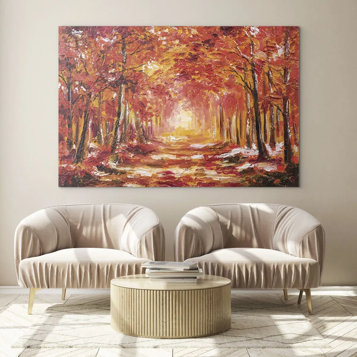 Obraz na skle - Podzimní krajina se stromy v teplých barvách - 70x50cm - Měděný les - Moderní nástěnná dekorace do obývacího pokoje a ložnice ARTTOR