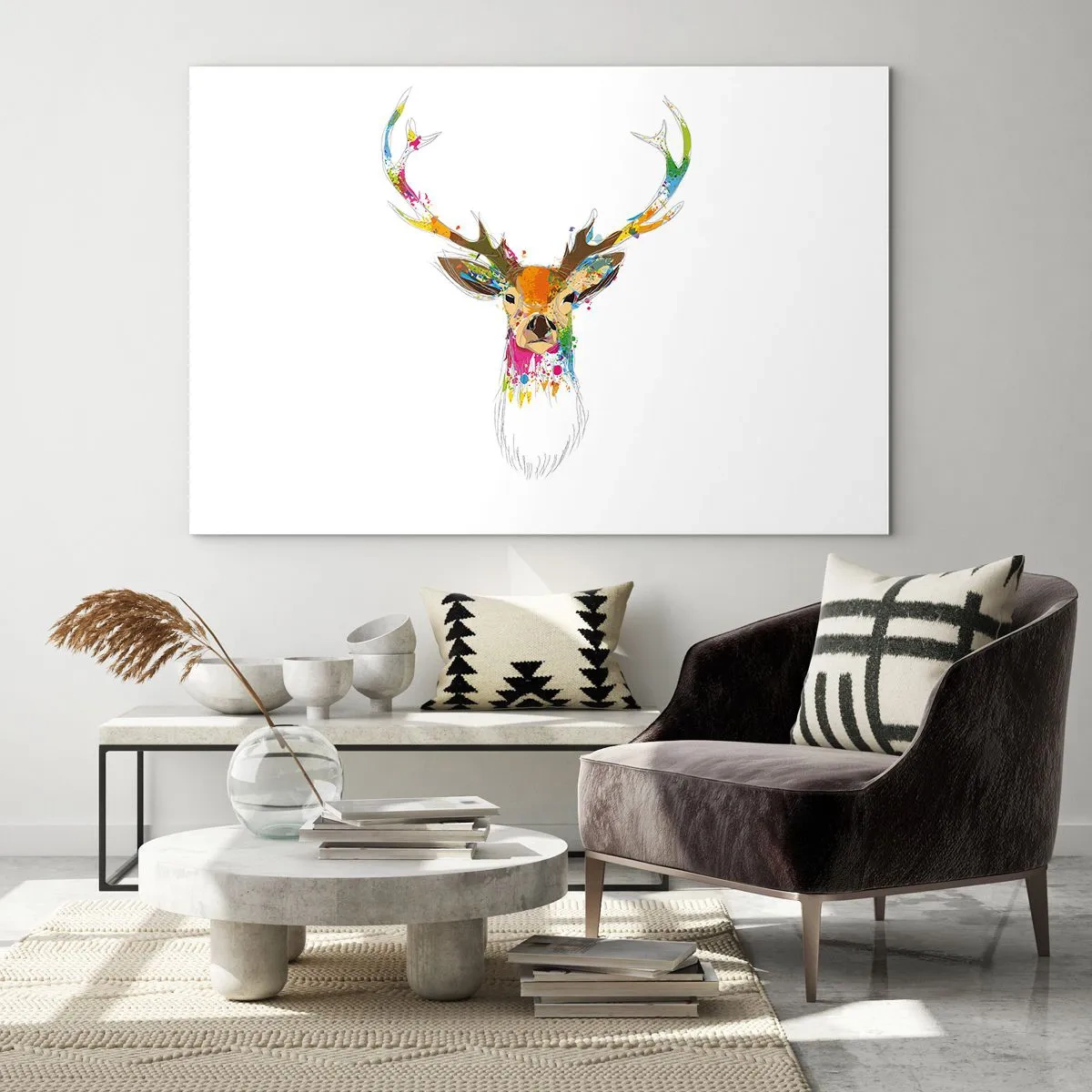 Obraz na skle - Barevná silueta jelena na bílém pozadí v abstraktním stylu - 70x50cm - Líbezný jelínek vykoupaný v barvě - Moderní nástěnná dekorace do obývacího pokoje a ložnice ARTTOR