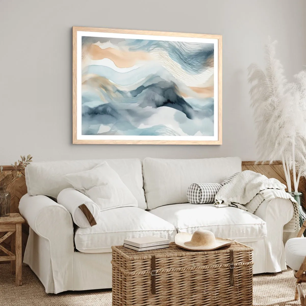 Plakát v rámu světlý dub - Abstrakce sněhu a mlhy - 100x70 cm