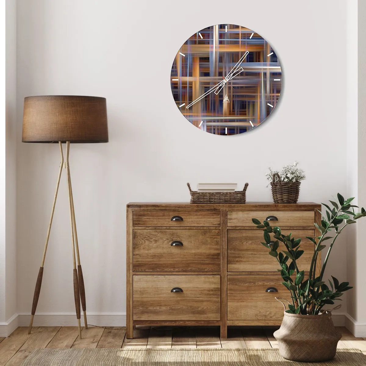 Nástěnné hodiny - Kostkovaný vzor v odstínech hnědé a modré - 30x30cm - Utkané ze světla - Moderní nástěnná dekorace do obývacího pokoje, kuchyně a ložnice ARTTOR