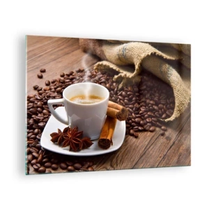 Obraz na skle - Šálek kávy se skořicí a kávovými zrny na dřevěném stole - 70x50cm - Pikantní chuť a aroma - Moderní nástěnná dekorace do obývacího pokoje a ložnice ARTTOR