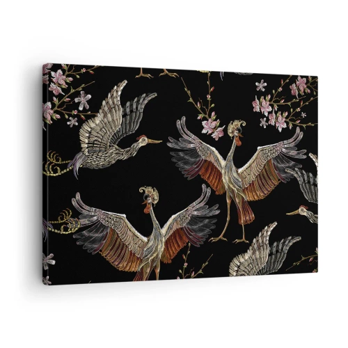 Obraz na plátně - Stylové jeřáby a květiny na černém pozadí - 70x50cm - Pohádkový pták - Moderní nástěnná dekorace do obývacího pokoje a ložnice ARTTOR