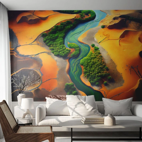 Fototapeta Standard Eco - Zelená řeka vinoucí se oranžovou pouští - 100x70cm - Životodárná řeka - Moderní nástěnná dekorace do obývacího pokoje a ložnice ARTTOR