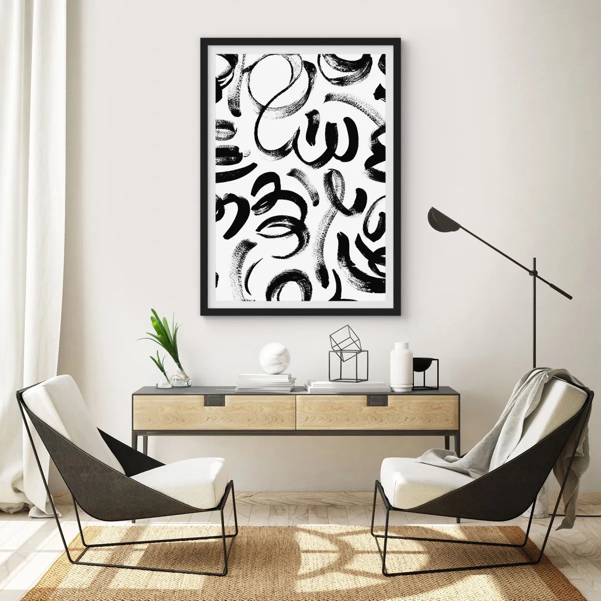 Plakát v černém rámu - Abstraktní černé tahy štětcem na bílém pozadí - 50x70cm - Černé na bílém - Moderní nástěnná dekorace do obývacího pokoje a ložnice ARTTOR