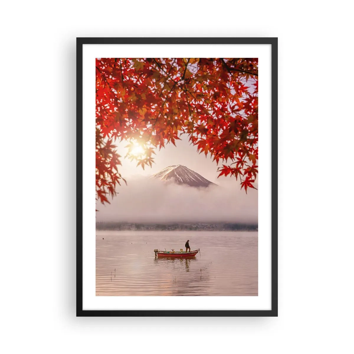Plakát v černém rámu - Hora Fudži s lodí na jezeře a podzimním listím - 50x70cm - V japonském stylu - Moderní nástěnná dekorace do obývacího pokoje a ložnice ARTTOR