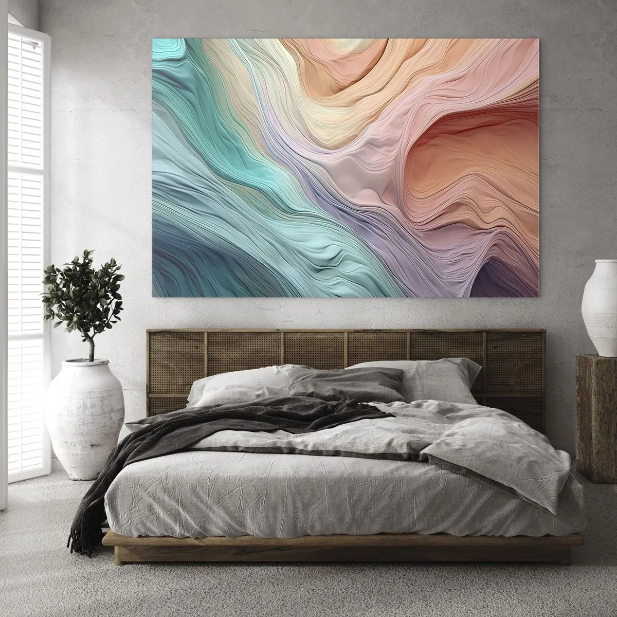 Obraz na skle - Barevná abstrakce připomínající vlny a skály - 70x50cm - Duhová vlna - Moderní nástěnná dekorace do obývacího pokoje a ložnice ARTTOR