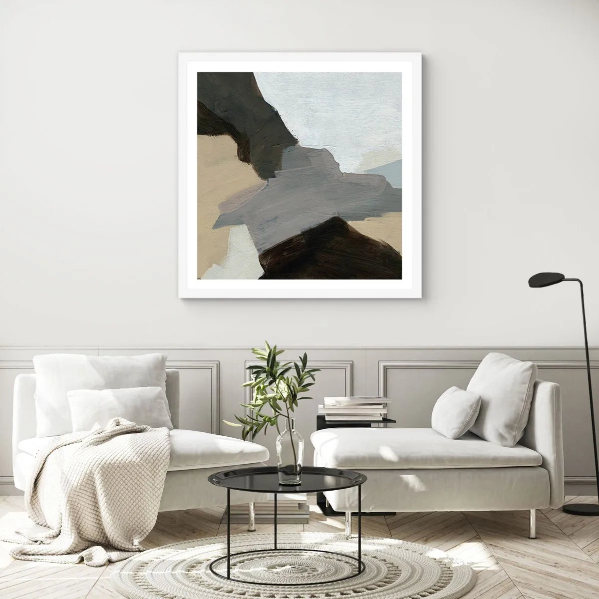 Plakát v bílém rámu - Abstrakce: křižovatka šedi - 40x40 cm