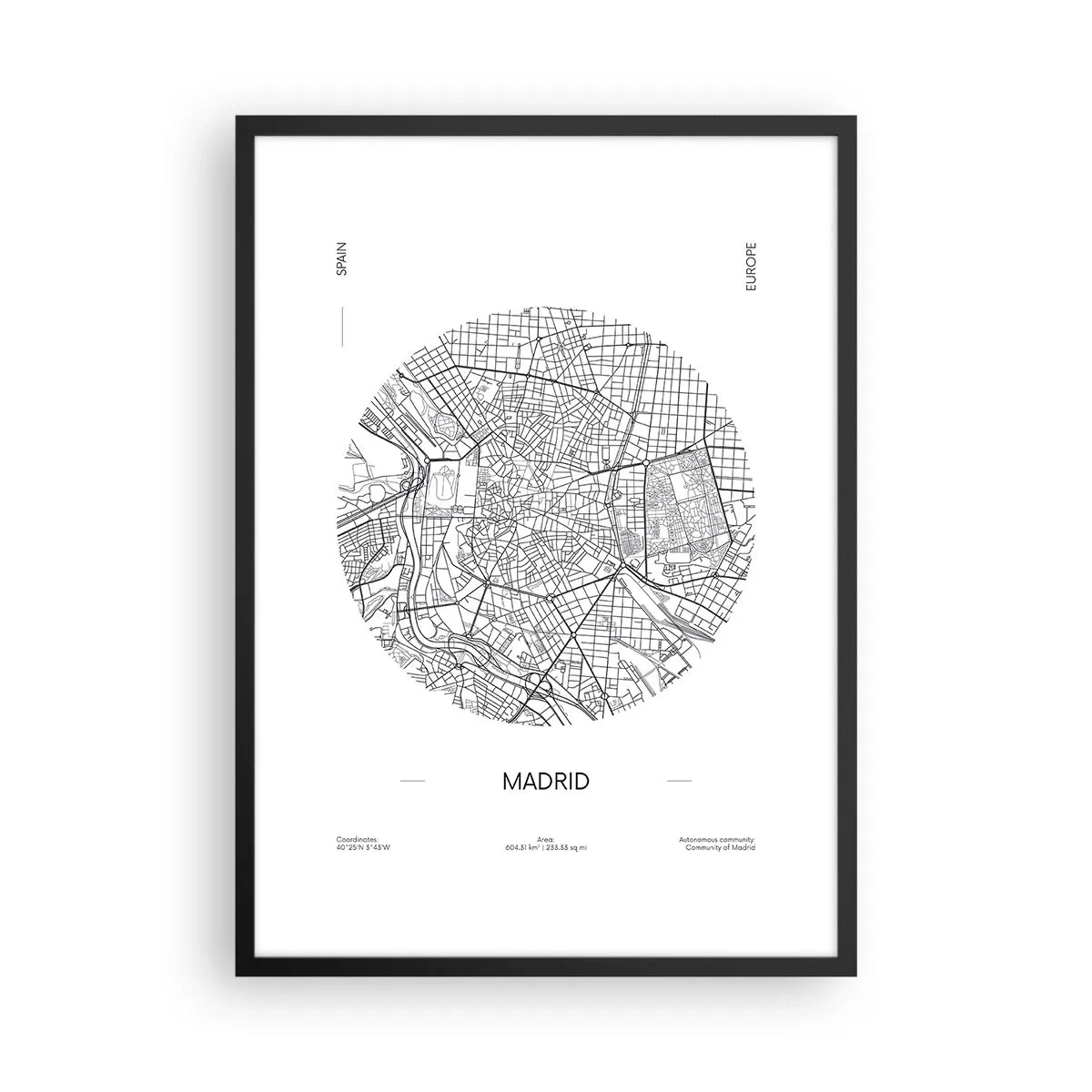 Plakát v černém rámu - Minimalistická mapa Madridu v černé a bílé barvě. - 50x70cm - Anatomie Madridu - Moderní nástěnná dekorace do obývacího pokoje a ložnice ARTTOR