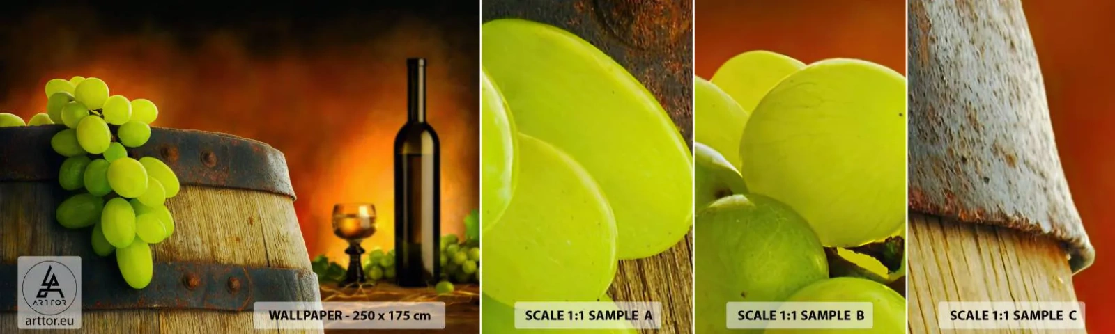 Vzor Fototapety Samolepicí Deluxe Sticker - Zátiší s lahví vína a hrozny - Hroznová, Víno, Vinný sud - 100x30 cm