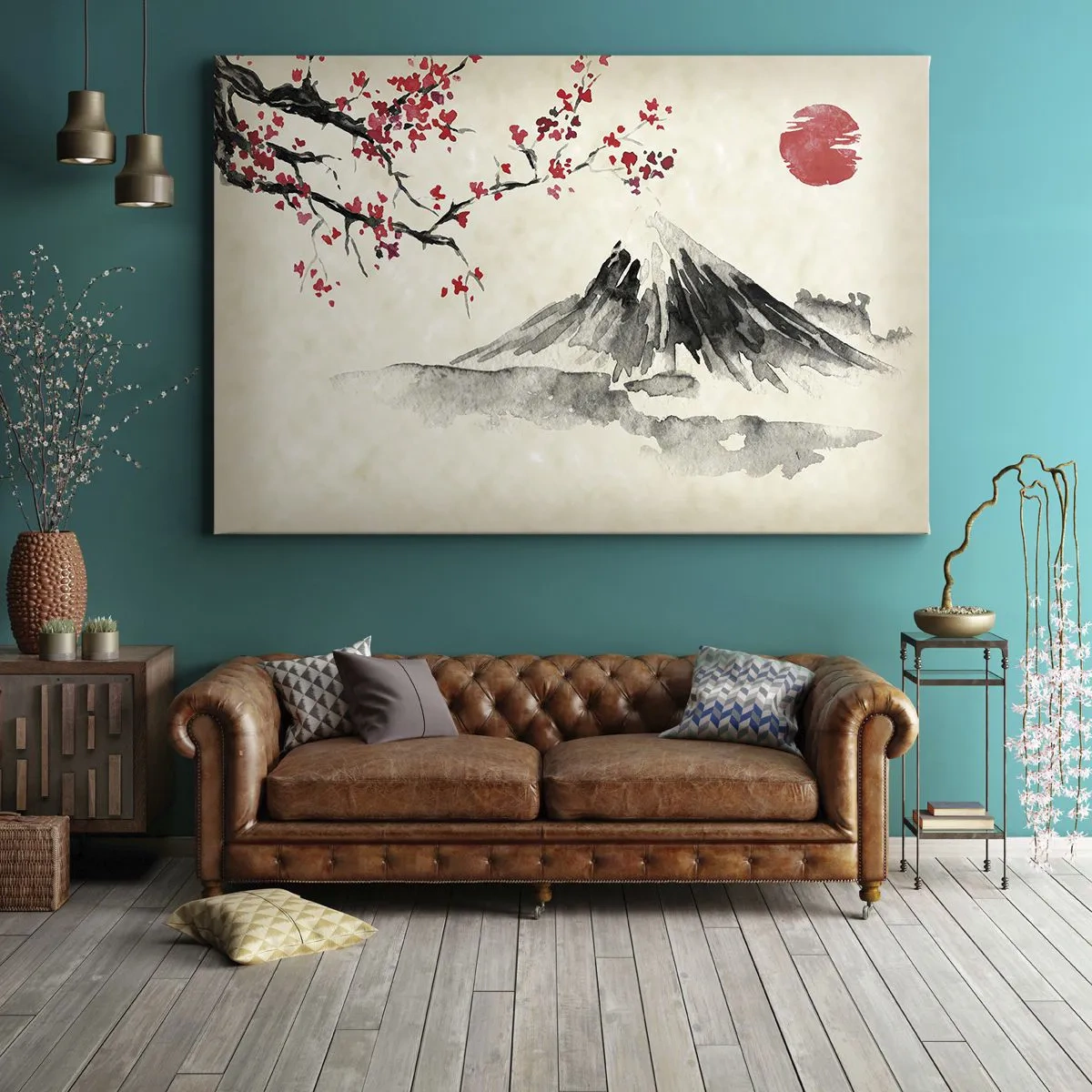 Obraz na plátně - Malebná krajina s horou, třešňovými květy a sluncem - 70x50cm - Zamilujte se do Japonska - Moderní nástěnná dekorace do obývacího pokoje a ložnice ARTTOR