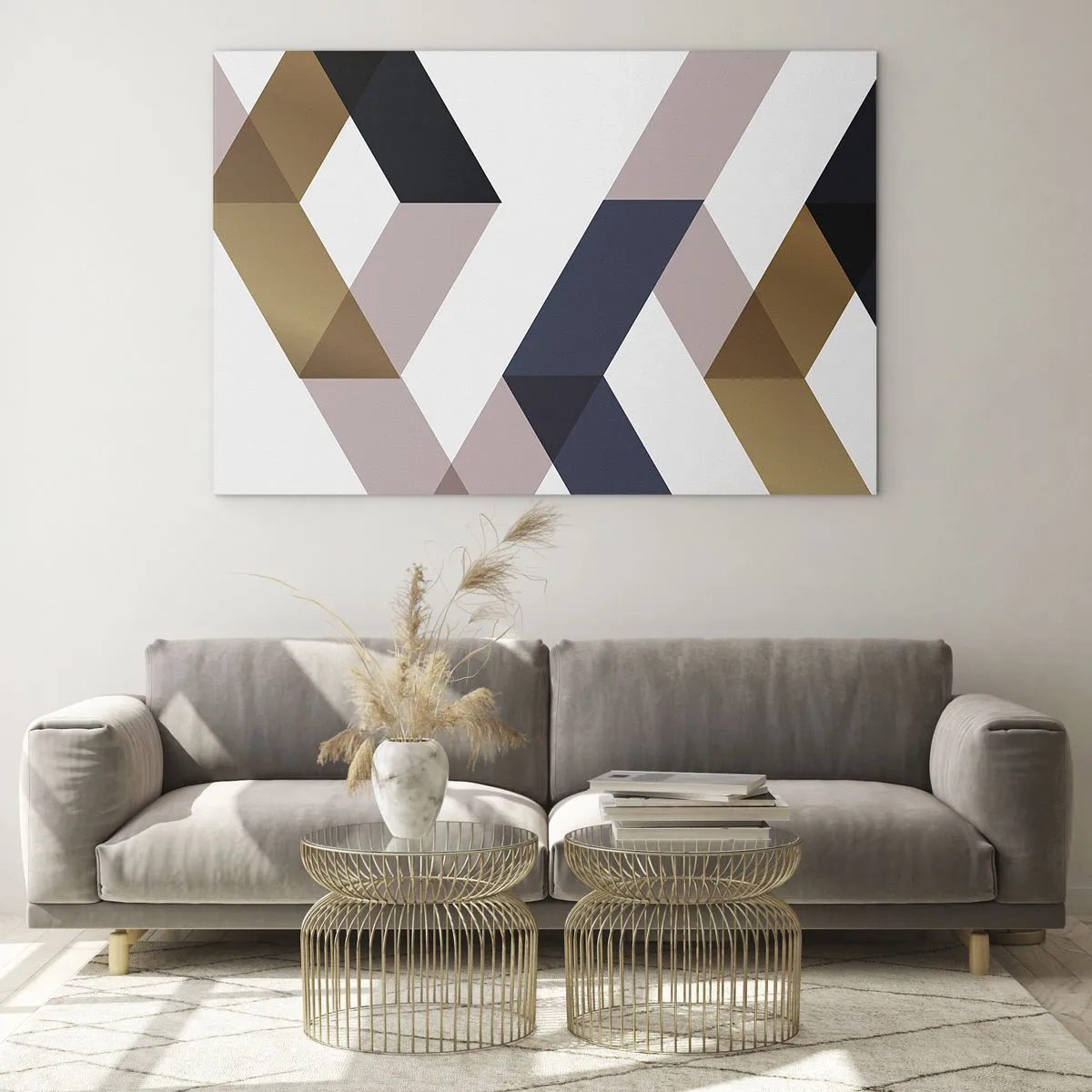 Obraz na skle - Geometrický vzor ve zlatých a béžových odstínech - 70x50cm - Roviny a úhly - Moderní nástěnná dekorace do obývacího pokoje a ložnice ARTTOR