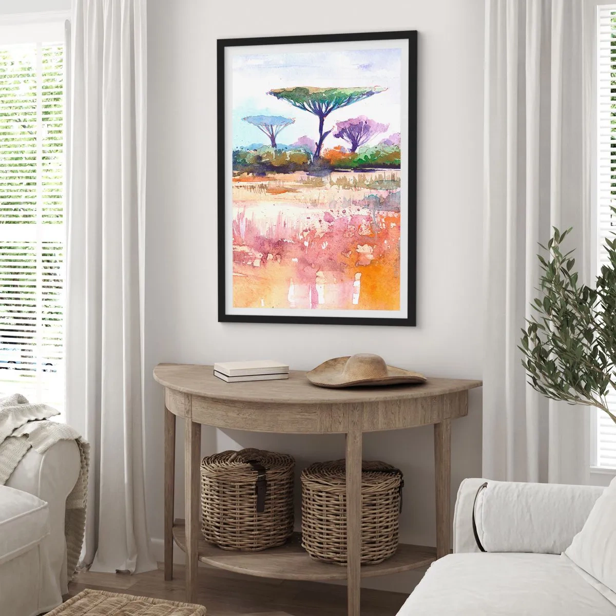 Plakát v černém rámu - Akvarelový obraz savany s akáciemi. - 50x70cm - Barvy savany - Moderní nástěnná dekorace do obývacího pokoje a ložnice ARTTOR