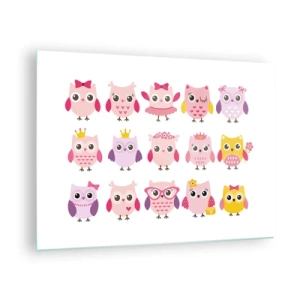 Obraz na skle - Barevné sovy v různých vzorech na bílém pozadí - 70x50cm - Jedna sladší než druhá - Moderní nástěnná dekorace do obývacího pokoje a ložnice ARTTOR