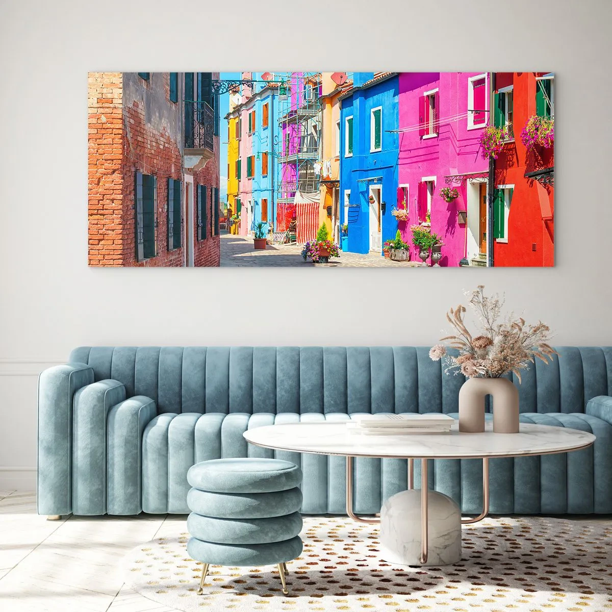 Obraz na skle - Městečko „Pod papoušky“ - 120x50 cm