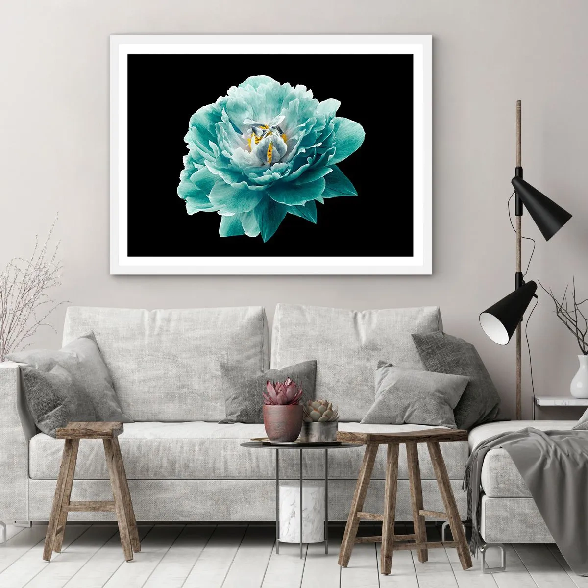 Plakát v bílém rámu - Modré a zlaté okvětní lístky - 100x70 cm
