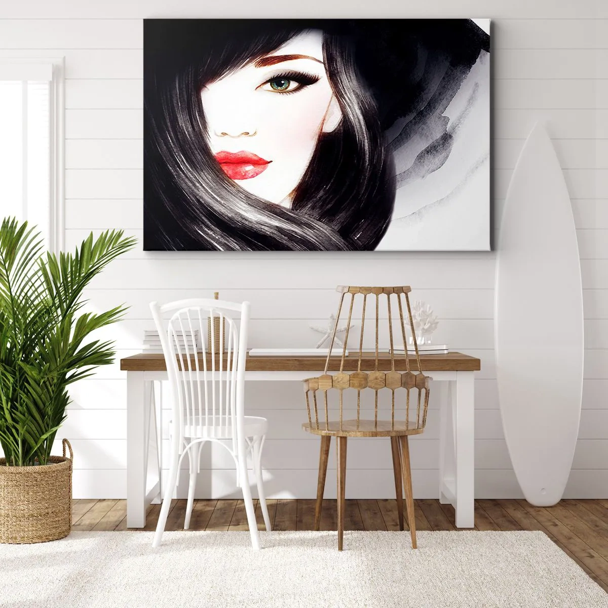 Obraz na plátně - Portrét ženy s výrazným pohledem a červenými rty - 70x50cm - Safírový pohled - Moderní nástěnná dekorace do obývacího pokoje a ložnice ARTTOR