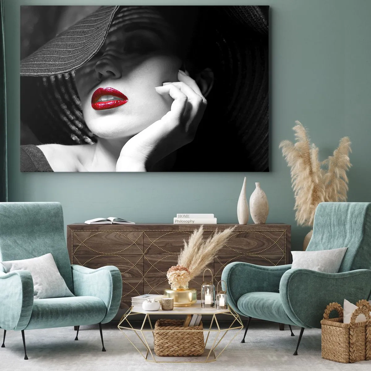 Obraz na plátně - Černobílý portrét ženy s červenými rty - 70x50cm - Studie v šarlatové - Moderní nástěnná dekorace do obývacího pokoje a ložnice ARTTOR