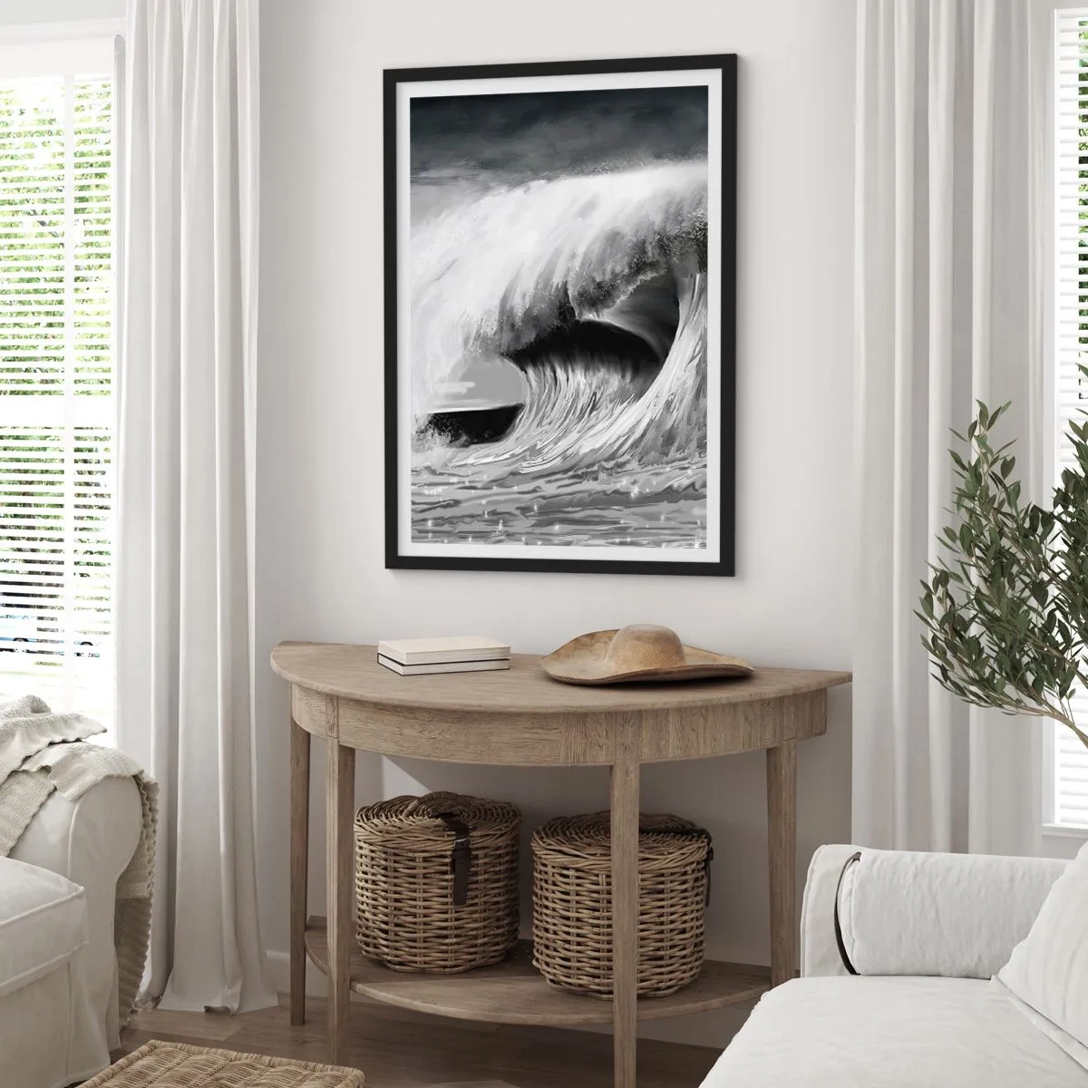 Plakát v černém rámu - Silná vlna v odstínech šedé - 50x70cm - Hněv oceánu - Moderní nástěnná dekorace do obývacího pokoje a ložnice ARTTOR