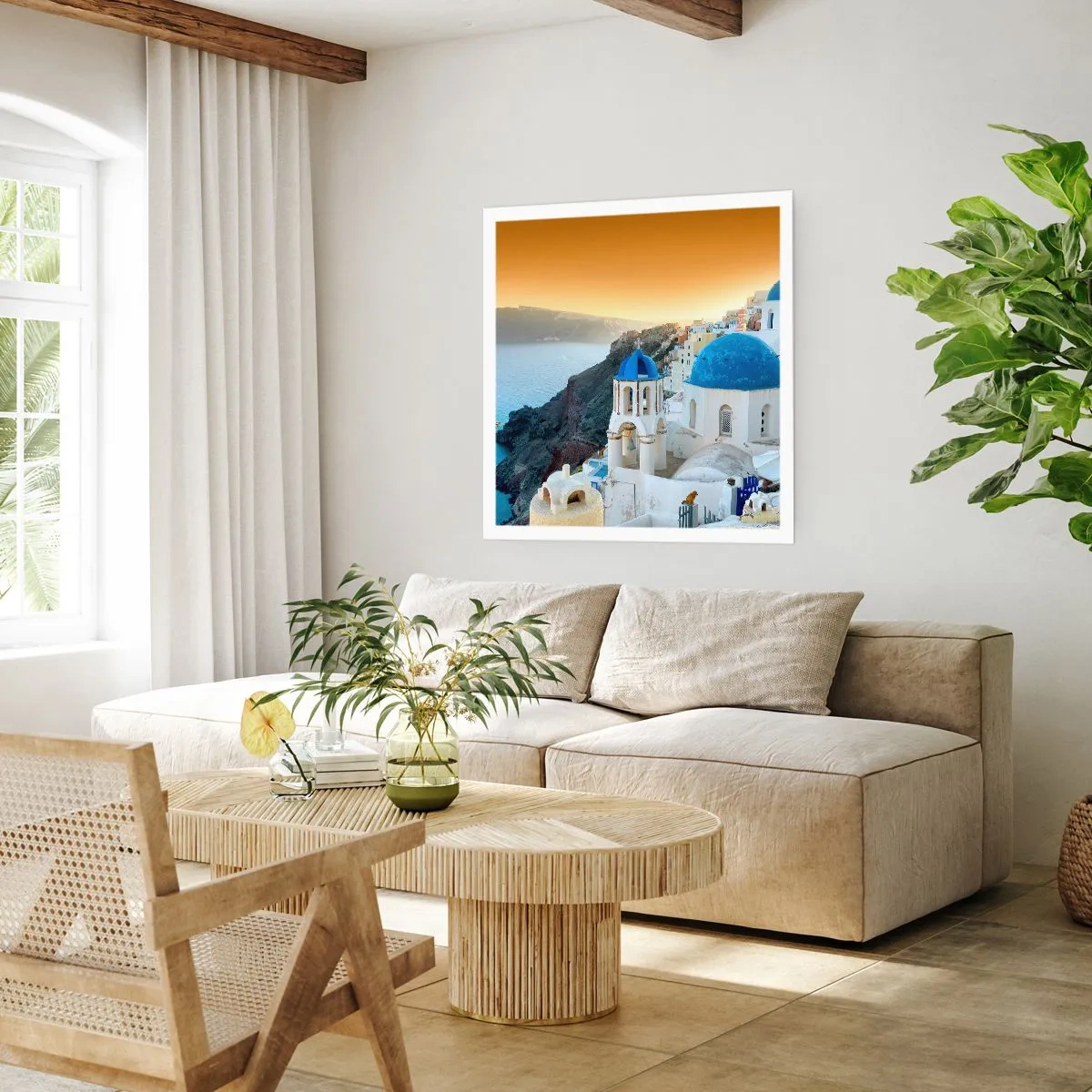 Plakát - Santorini - přitulené ke skalám - 60x60 cm